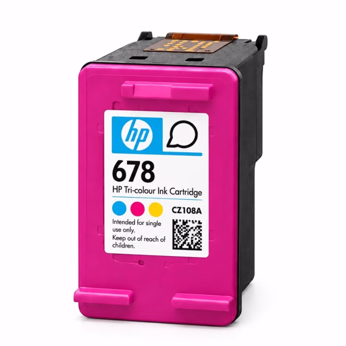 hp-678-cz108aa-tri-color-ink-cartridge-3 ตลับหมึกพิมพ์ 3 สี HP 678 CZ108AA ฝาสีชมพู มุมมองสามมิติ แสดงแถบวงจรอิเล็กทรอนิกส์และฉลากระบุรหัสสินค้า CZ108A