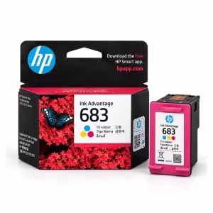 ตลับหมึก 3 สี HP 683 7FP38ZA ฝาสีชมพู วางคู่กับกล่องบรรจุภัณฑ์ สำหรับเครื่องพิมพ์ HP DeskJet Plus Ink Advantage 6170 6570