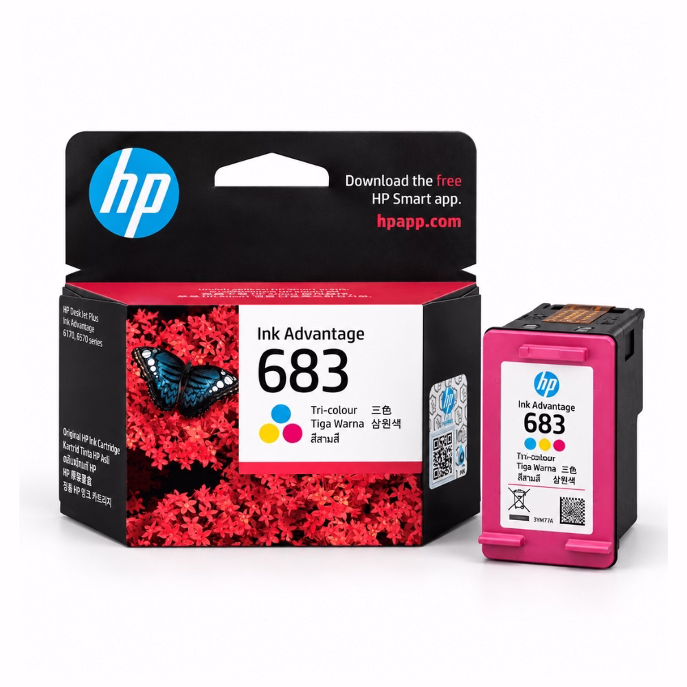 ตลับหมึก 3 สี HP 683 7FP38ZA ฝาสีชมพู วางคู่กับกล่องบรรจุภัณฑ์ สำหรับเครื่องพิมพ์ HP DeskJet Plus Ink Advantage 6170 6570