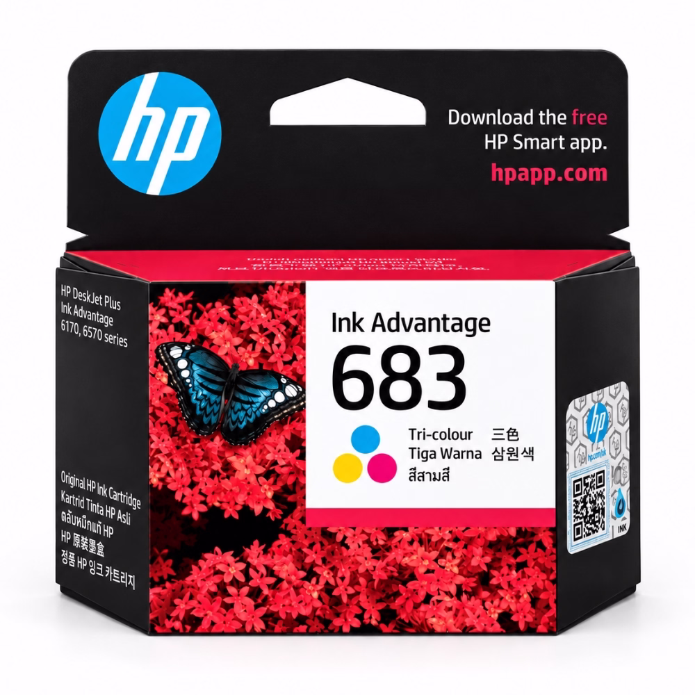 กล่องบรรจุภัณฑ์ตลับหมึก 3 สี HP 683 7FP38ZA ด้านหน้าตรง แสดงภาพผีเสื้อบนดอกไม้สีแดง สติกเกอร์กันปลอม QR Code และรุ่นเครื่องพิมพ์ที่รองรับ