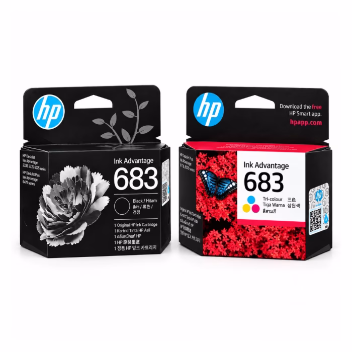 hp-683-7fp38za-tri-color-ink-cartridge-3 กล่องบรรจุภัณฑ์ตลับหมึก HP Ink Advantage 683 วางคู่กัน 2 กล่อง ทั้งสีดำ Black และ 3 สี Tri-colour