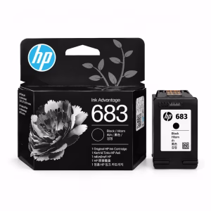ตลับหมึกแท้สีดำ HP 683 7FP39ZA วางคู่กับกล่องบรรจุภัณฑ์ สำหรับเครื่องพิมพ์ HP DeskJet Ink Advantage 2335 2775 6075 6475