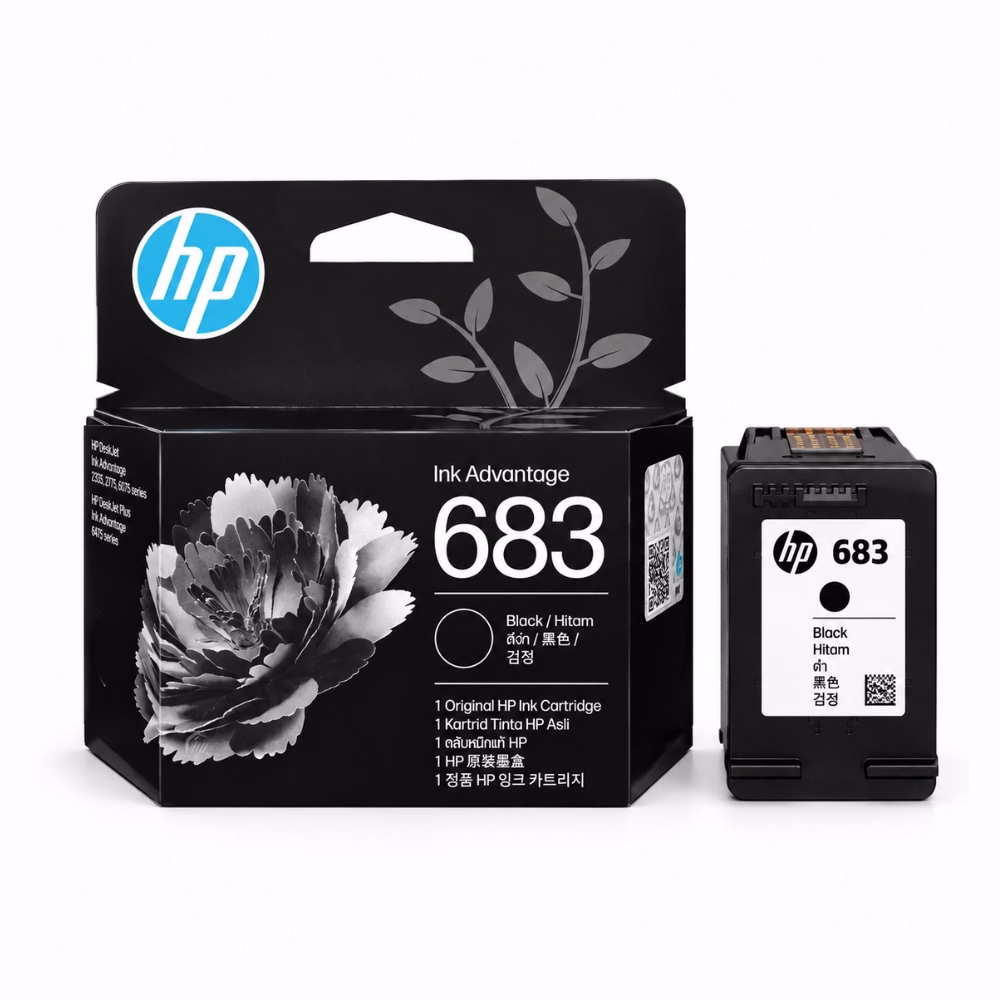 ตลับหมึกแท้สีดำ HP 683 7FP39ZA วางคู่กับกล่องบรรจุภัณฑ์ สำหรับเครื่องพิมพ์ HP DeskJet Ink Advantage 2335 2775 6075 6475