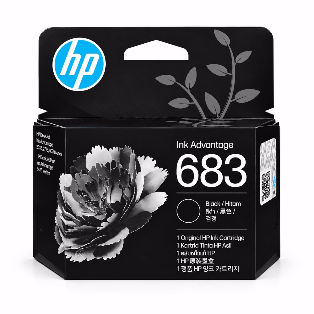 กล่องบรรจุภัณฑ์ตลับหมึกสีดำ HP 683 7FP39ZA ด้านหน้าตรง แสดงสติกเกอร์กันปลอม QR Code และรุ่นเครื่องพิมพ์ที่รองรับ