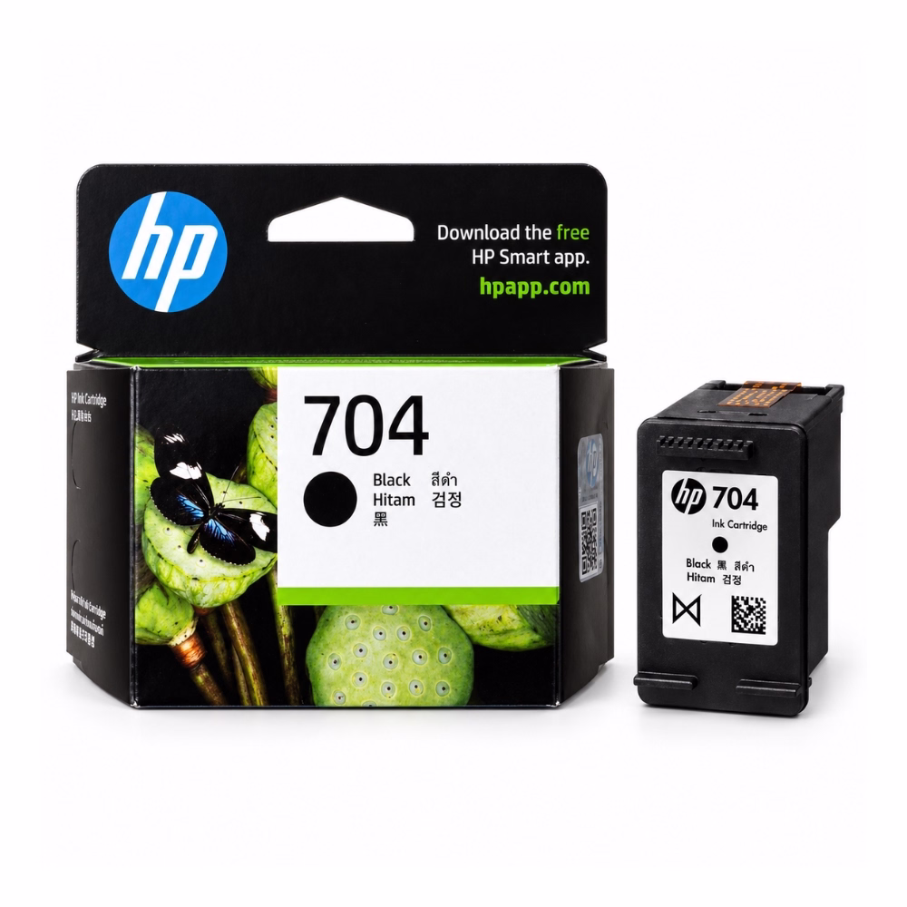 ตลับหมึก สีดำ HP 704 CN692AA วางคู่กับกล่องบรรจุภัณฑ์ สำหรับเครื่องพิมพ์ HP DeskJet Ink Advantage 2010 2060 K110a