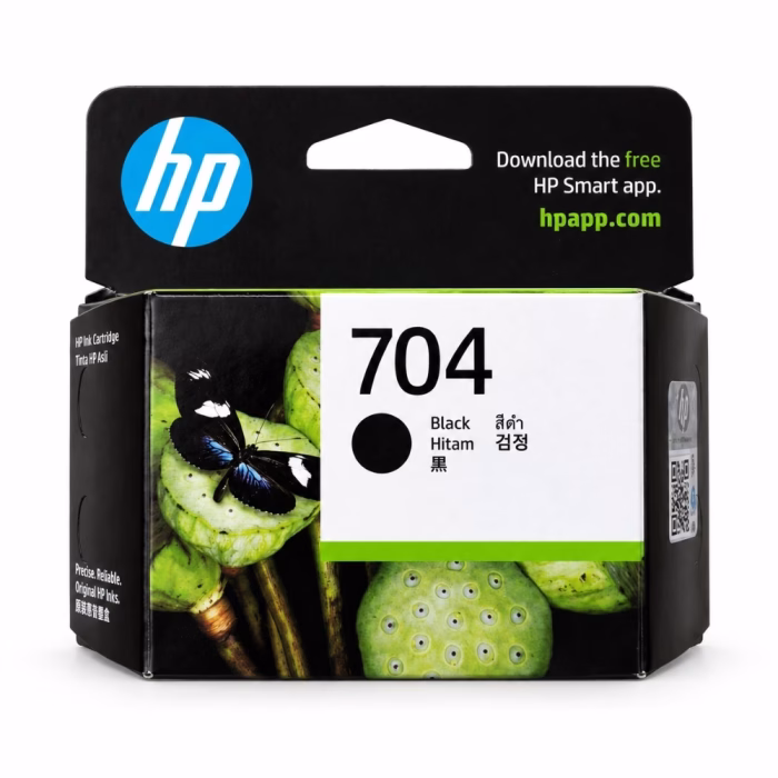 hp-704-cn692aa-black-ink-cartridge-2 กล่องบรรจุภัณฑ์ตลับหมึกสีดำ HP 704 CN692AA ด้านหน้าตรง แสดงภาพผีเสื้อบนฝักบัว สติกเกอร์กันปลอม QR Code และตราสัญลักษณ์ HP