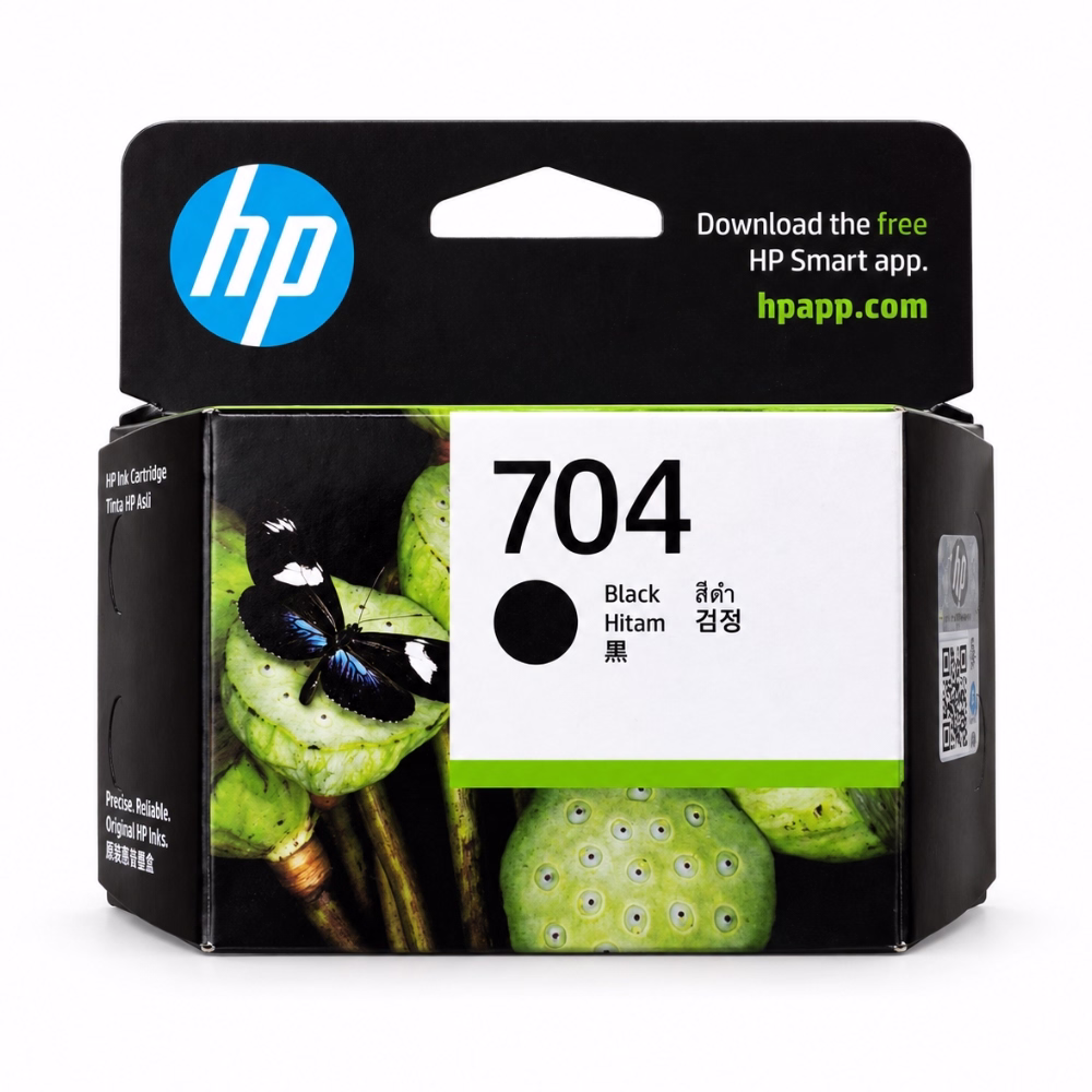 กล่องบรรจุภัณฑ์ตลับหมึกสีดำ HP 704 CN692AA ด้านหน้าตรง แสดงภาพผีเสื้อบนฝักบัว สติกเกอร์กันปลอม QR Code และตราสัญลักษณ์ HP