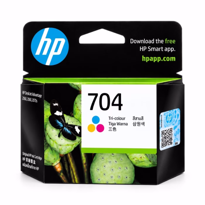 hp-704-cn693aa-tri-color-ink-cartridge-2 กล่องบรรจุภัณฑ์ตลับหมึก 3 สี HP 704 CN693AA ด้านหน้าตรง แสดงภาพผีเสื้อบนฝักบัว สติกเกอร์กันปลอม QR Code และรุ่นเครื่องพิมพ์ที่รองรับ