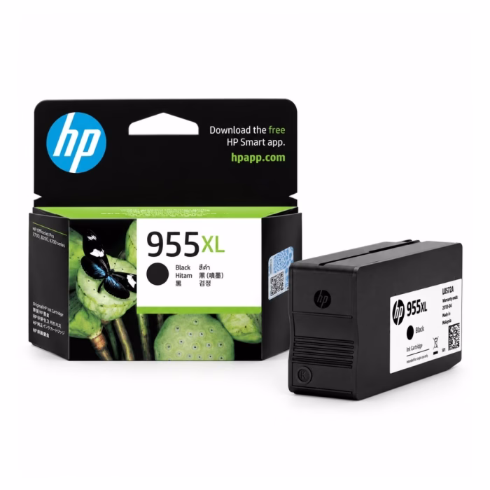hp-955xl-l0s72aa-black-ink-cartridge-1 ตลับหมึก ความจุสูงสีดำ HP 955XL L0S72AA วางคู่กับกล่องบรรจุภัณฑ์ สำหรับเครื่องพิมพ์ HP OfficeJet Pro 7700 8200 8700