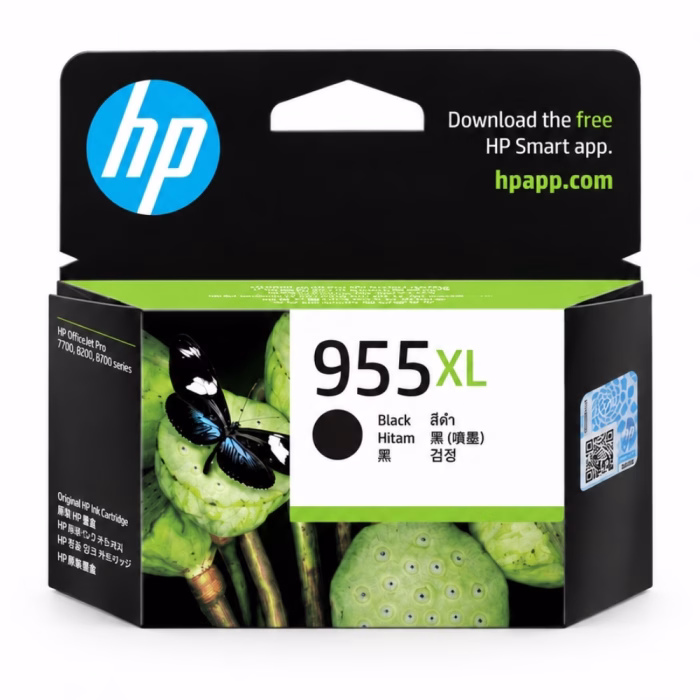 hp-955xl-l0s72aa-black-ink-cartridge-2 กล่องบรรจุภัณฑ์ตลับหมึกสีดำ HP 955XL L0S72AA ด้านหน้าตรง แสดงภาพผีเสื้อบนฝักบัว สติกเกอร์กันปลอม QR Code และรุ่นเครื่องพิมพ์ HP OfficeJet Pro ที่รองรับ