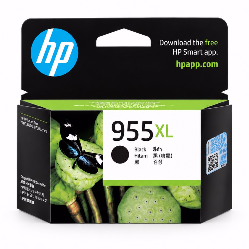 กล่องบรรจุภัณฑ์ตลับหมึกสีดำ HP 955XL L0S72AA ด้านหน้าตรง แสดงภาพผีเสื้อบนฝักบัว สติกเกอร์กันปลอม QR Code และรุ่นเครื่องพิมพ์ HP OfficeJet Pro ที่รองรับ