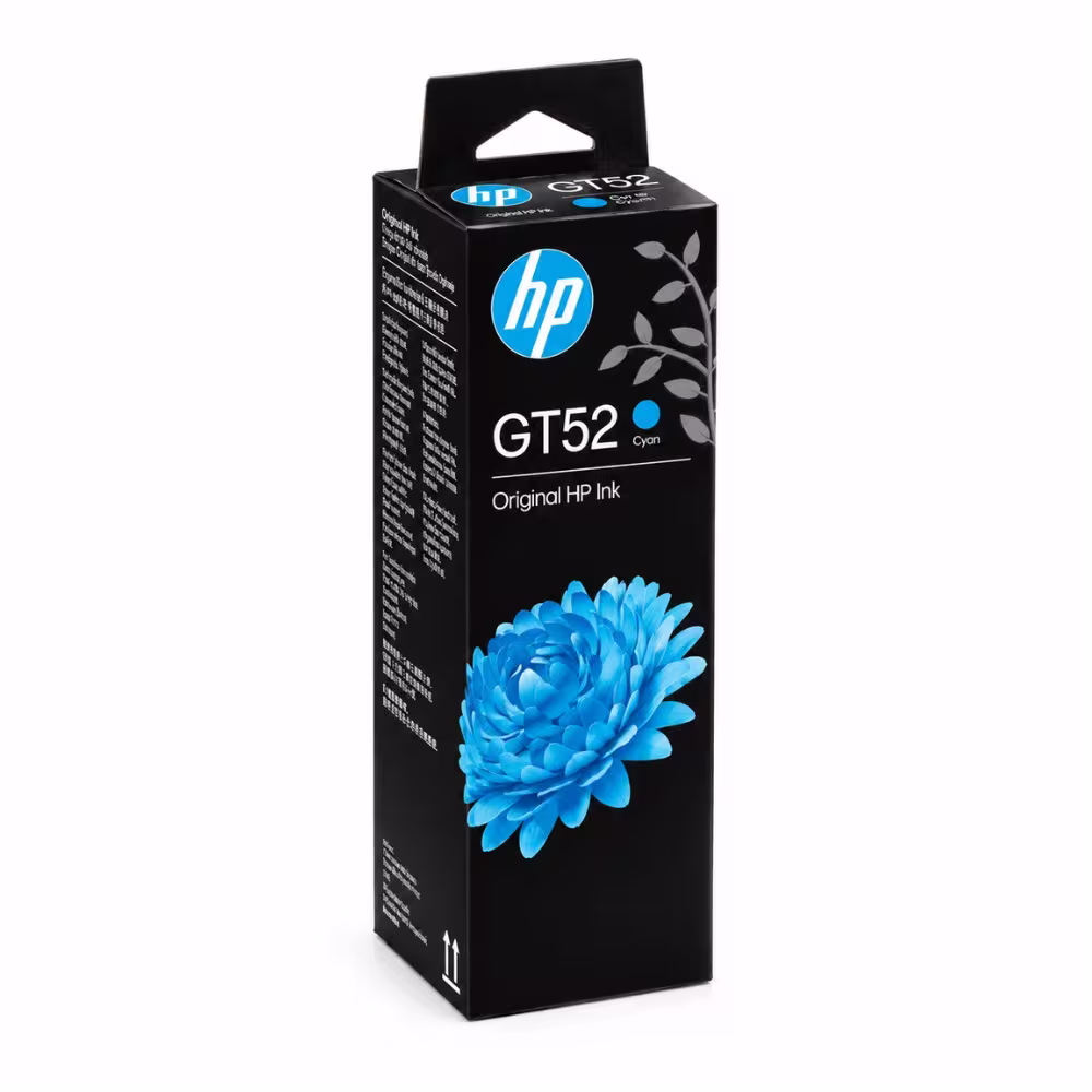 กล่องบรรจุภัณฑ์น้ำหมึกเติมสีฟ้า HP GT52 M0H54AA มุมมองสามมิติ โทนสีดำ แสดงภาพกราฟิกดอกไม้สีฟ้าและตรา Original HP Ink