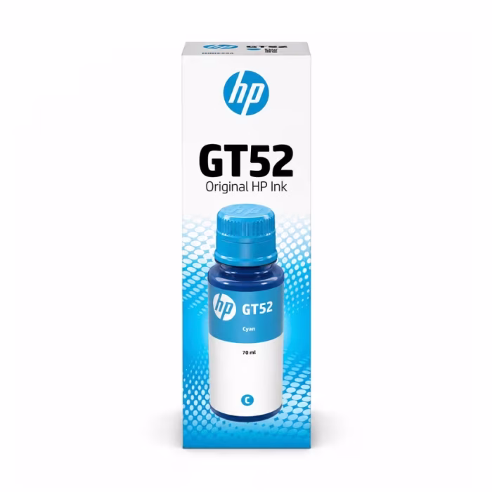 กล่องบรรจุภัณฑ์น้ำหมึกเติมสีฟ้า HP GT52 M0H54AA ด้านหน้าตรง ขนาด 70 ml แสดงรูปขวดหมึกสีฟ้าและรหัส C 70ml