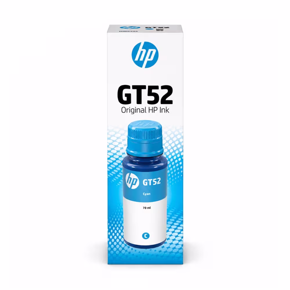 กล่องบรรจุภัณฑ์น้ำหมึกเติมสีฟ้า HP GT52 M0H54AA ด้านหน้าตรง ขนาด 70 ml แสดงรูปขวดหมึกสีฟ้าและรหัส C 70ml