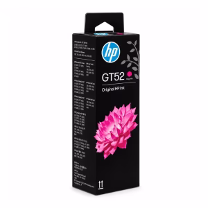 กล่องบรรจุภัณฑ์น้ำหมึกเติมสีแดงมาเจนตา HP GT52 M0H55AA มุมมองสามมิติ โทนสีดำ แสดงภาพกราฟิกดอกไม้สีชมพูและรุ่นเครื่องพิมพ์ที่รองรับ