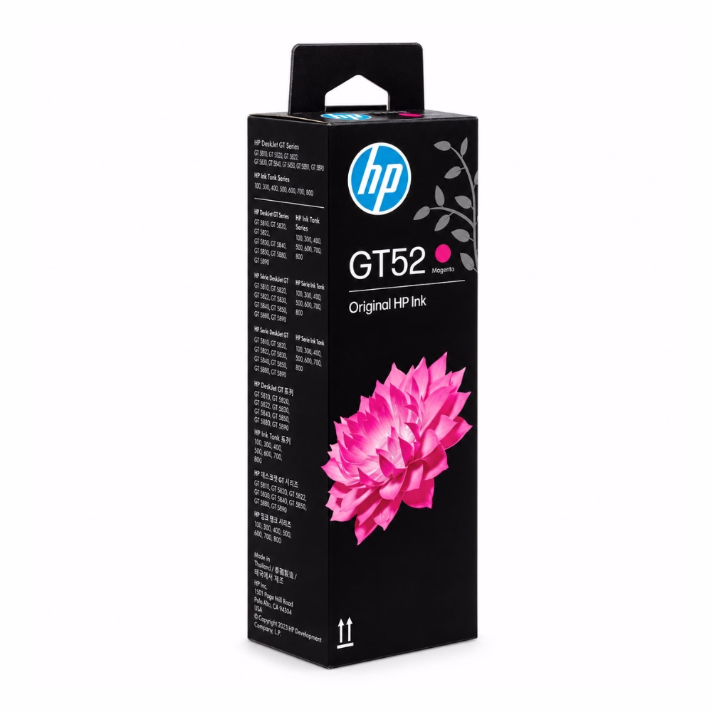 กล่องบรรจุภัณฑ์น้ำหมึกเติมสีแดงมาเจนตา HP GT52 M0H55AA มุมมองสามมิติ โทนสีดำ แสดงภาพกราฟิกดอกไม้สีชมพูและรุ่นเครื่องพิมพ์ที่รองรับ