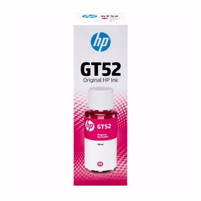 hp-gt52-magenta-ink-bottle-m0h55aa-2 กล่องบรรจุภัณฑ์น้ำหมึกเติมสีแดงมาเจนตา HP GT52 M0H55AA ด้านหน้าตรง ขนาด 70 ml แสดงรูปขวดหมึกสีมาเจนตาและรหัส M 70ml