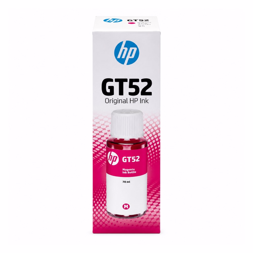 กล่องบรรจุภัณฑ์น้ำหมึกเติมสีแดงมาเจนตา HP GT52 M0H55AA ด้านหน้าตรง ขนาด 70 ml แสดงรูปขวดหมึกสีมาเจนตาและรหัส M 70ml