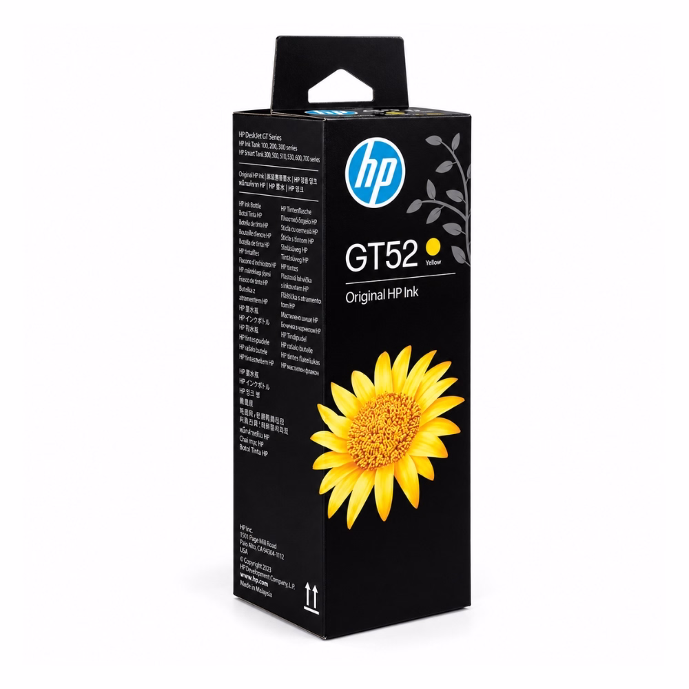 กล่องบรรจุภัณฑ์น้ำหมึกเติมสีเหลือง HP GT52 M0H56AA มุมมองสามมิติ โทนสีดำ แสดงภาพดอกไม้สีเหลืองและรุ่นเครื่องพิมพ์ที่รองรับ