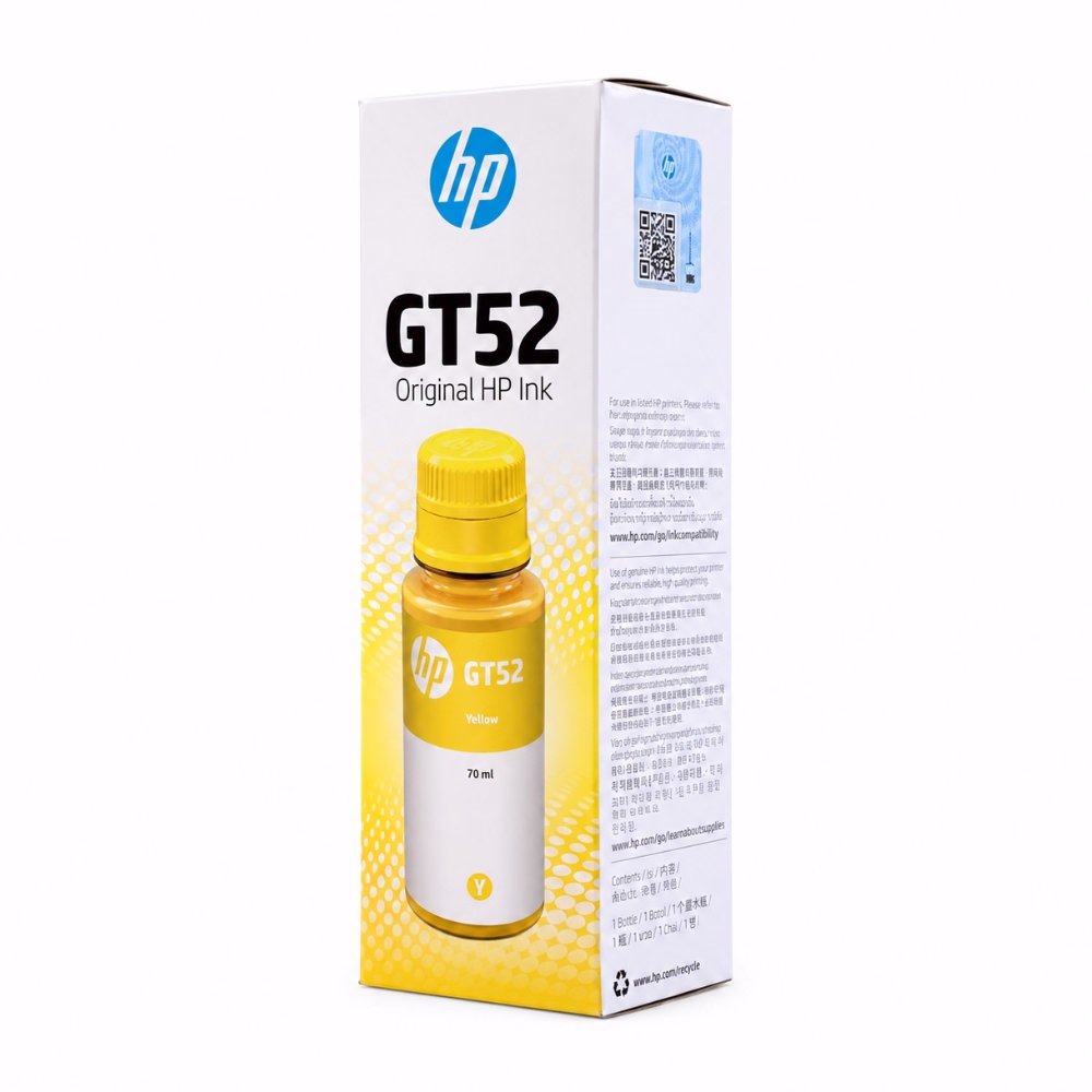 กล่องบรรจุภัณฑ์น้ำหมึกเติมสีเหลือง HP GT52 M0H56AA กล่องสีขาว ขนาด 70 ml แสดงรูปขวดหมึกสีเหลือง รหัส Y และ QR Code