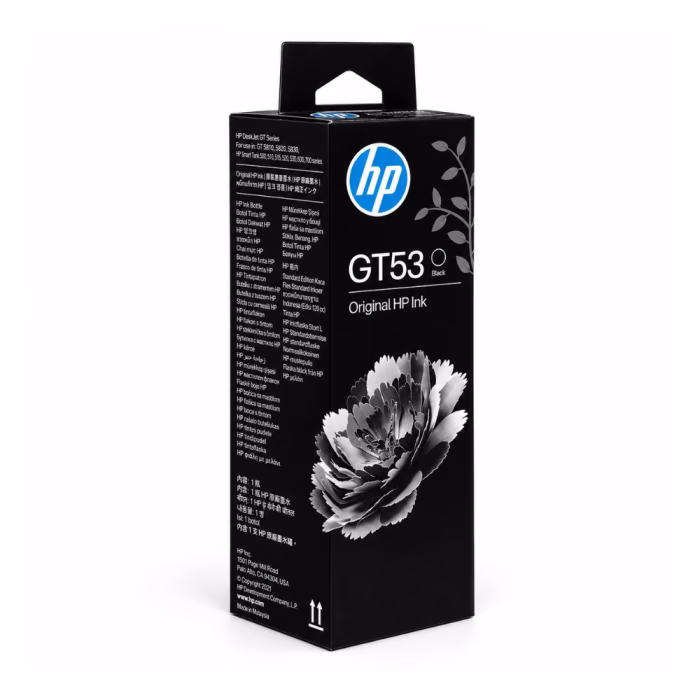 กล่องบรรจุภัณฑ์น้ำหมึกเติมสีดำ HP GT53 1VV22AA มุมมองสามมิติ โทนสีดำ แสดงภาพดอกไม้สีขาวดำ และรุ่นเครื่องพิมพ์ที่รองรับ