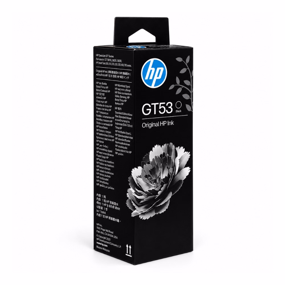 กล่องบรรจุภัณฑ์น้ำหมึกเติมสีดำ HP GT53 1VV22AA มุมมองสามมิติ โทนสีดำ แสดงภาพดอกไม้สีขาวดำ และรุ่นเครื่องพิมพ์ที่รองรับ