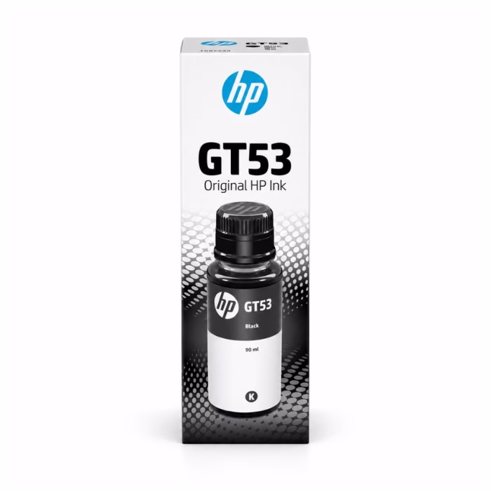 กล่องบรรจุภัณฑ์น้ำหมึกเติมสีดำ HP GT53 1VV22AA ด้านหน้าตรง ขนาด 90 ml แสดงรูปขวดหมึกสีดำ รหัส K และตรา Original HP Ink