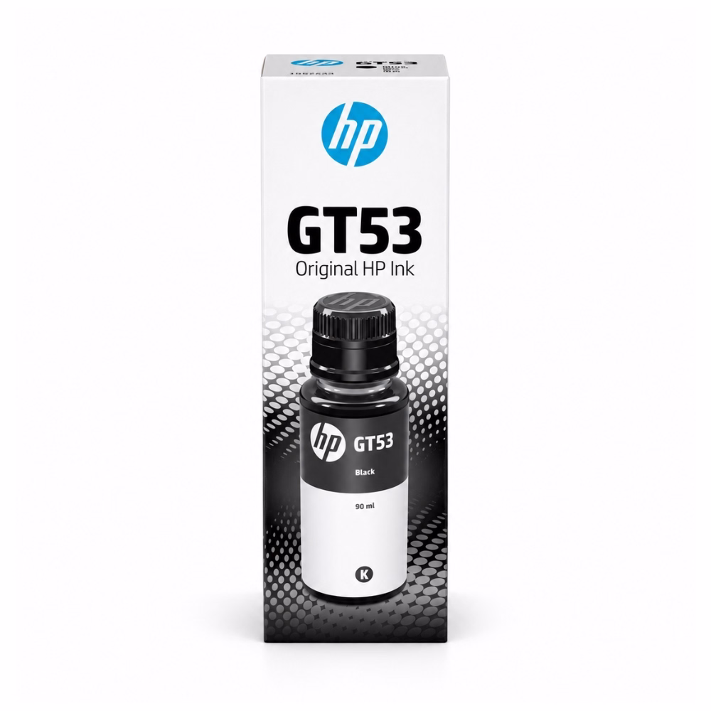กล่องบรรจุภัณฑ์น้ำหมึกเติมสีดำ HP GT53 1VV22AA ด้านหน้าตรง ขนาด 90 ml แสดงรูปขวดหมึกสีดำ รหัส K และตรา Original HP Ink