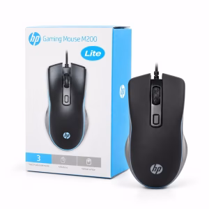 เมาส์เกมมิ่ง HP M200 Lite สีดำ มีสาย USB วางคู่กับกล่องบรรจุภัณฑ์ ปรับ DPI ได้ 3 ระดับ พร้อมปุ่มกด 4 ปุ่ม