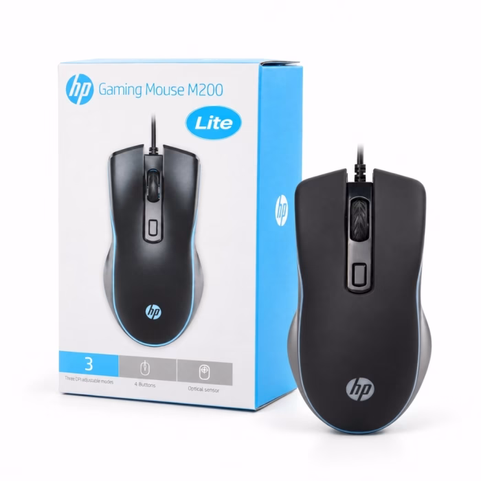 hp-m200-lite-mouse-black-1 เมาส์เกมมิ่ง HP M200 Lite สีดำ มีสาย USB วางคู่กับกล่องบรรจุภัณฑ์ ปรับ DPI ได้ 3 ระดับ พร้อมปุ่มกด 4 ปุ่ม