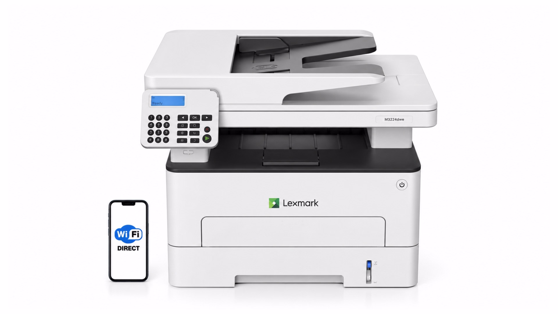 เครื่องพิมพ์มัลติฟังก์ชันเลเซอร์ขาวดำ Lexmark MB2236adw ด้านหน้าตรง พร้อมสมาร์ตโฟนแสดงการเชื่อมต่อ Wi-Fi Direct