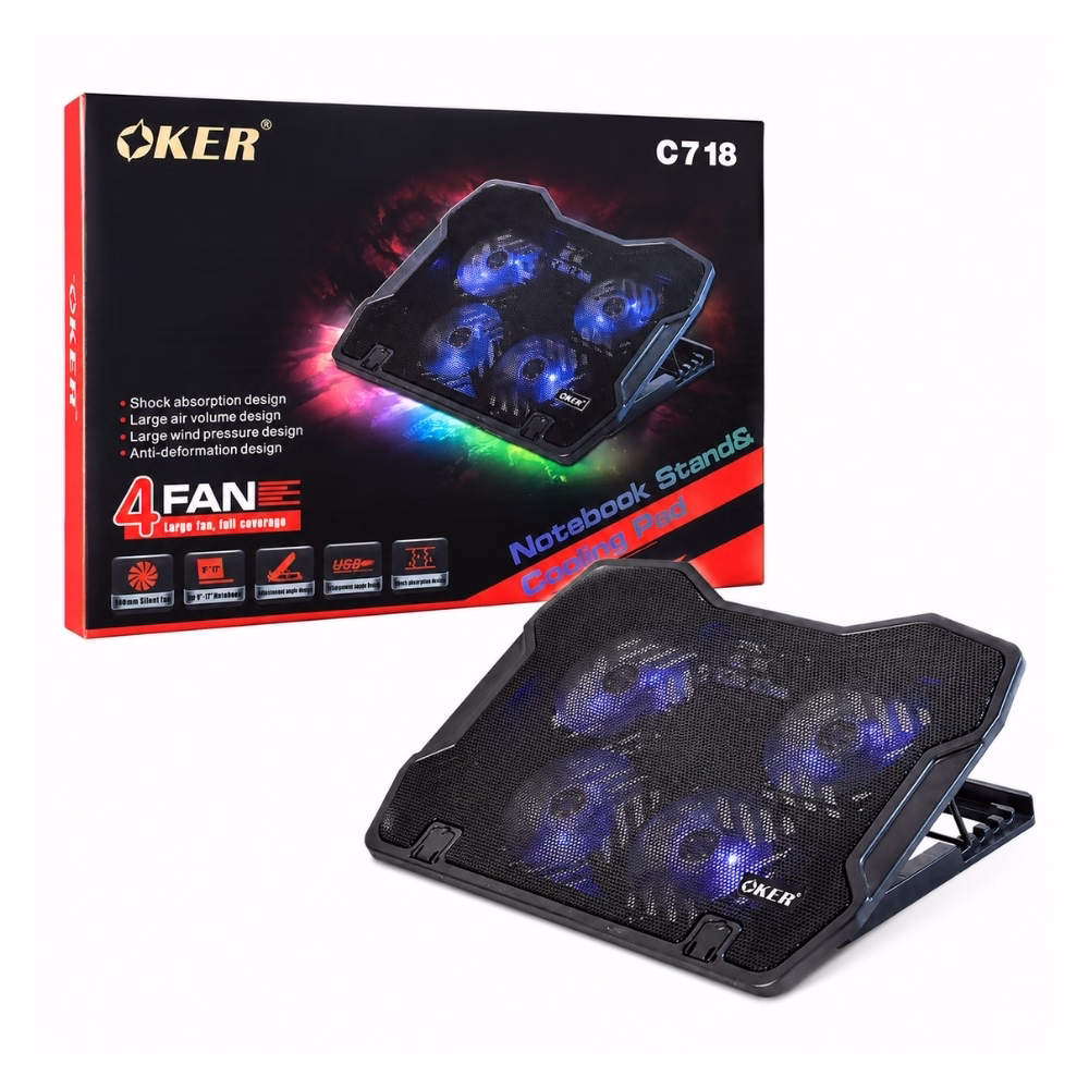 oker-c718-cooler-pad-black-1 พัดลมระบายความร้อนโน้ตบุ๊ก OKER C718 สีดำ 4 พัดลม ไฟ LED สีน้ำเงิน ปรับระดับองศาได้ วางคู่กับกล่องบรรจุภัณฑ์