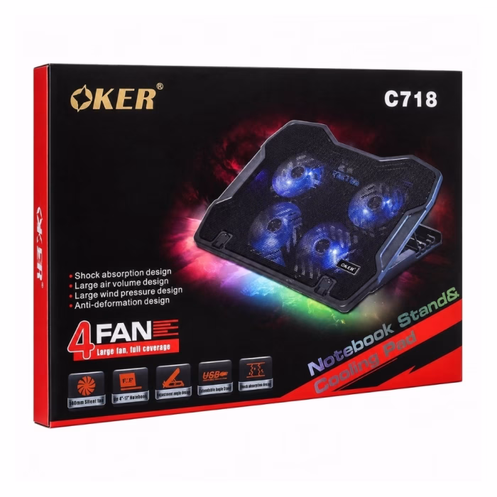 oker-c718-cooler-pad-black-4 กล่องบรรจุภัณฑ์พัดลมระบายความร้อนโน้ตบุ๊ก OKER C718 Notebook Stand & Cooling Pad 4 FAN โทนสีดำตัดแดง