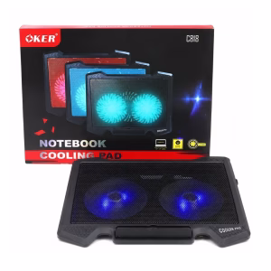 oker-c818-cooler-pad-black-1 พัดลมระบายความร้อนโน้ตบุ๊ก OKER C818 สีดำ 2 พัดลม ไฟ LED สีน้ำเงิน วางคู่กับกล่องบรรจุภัณฑ์ Notebook Cooling Pad