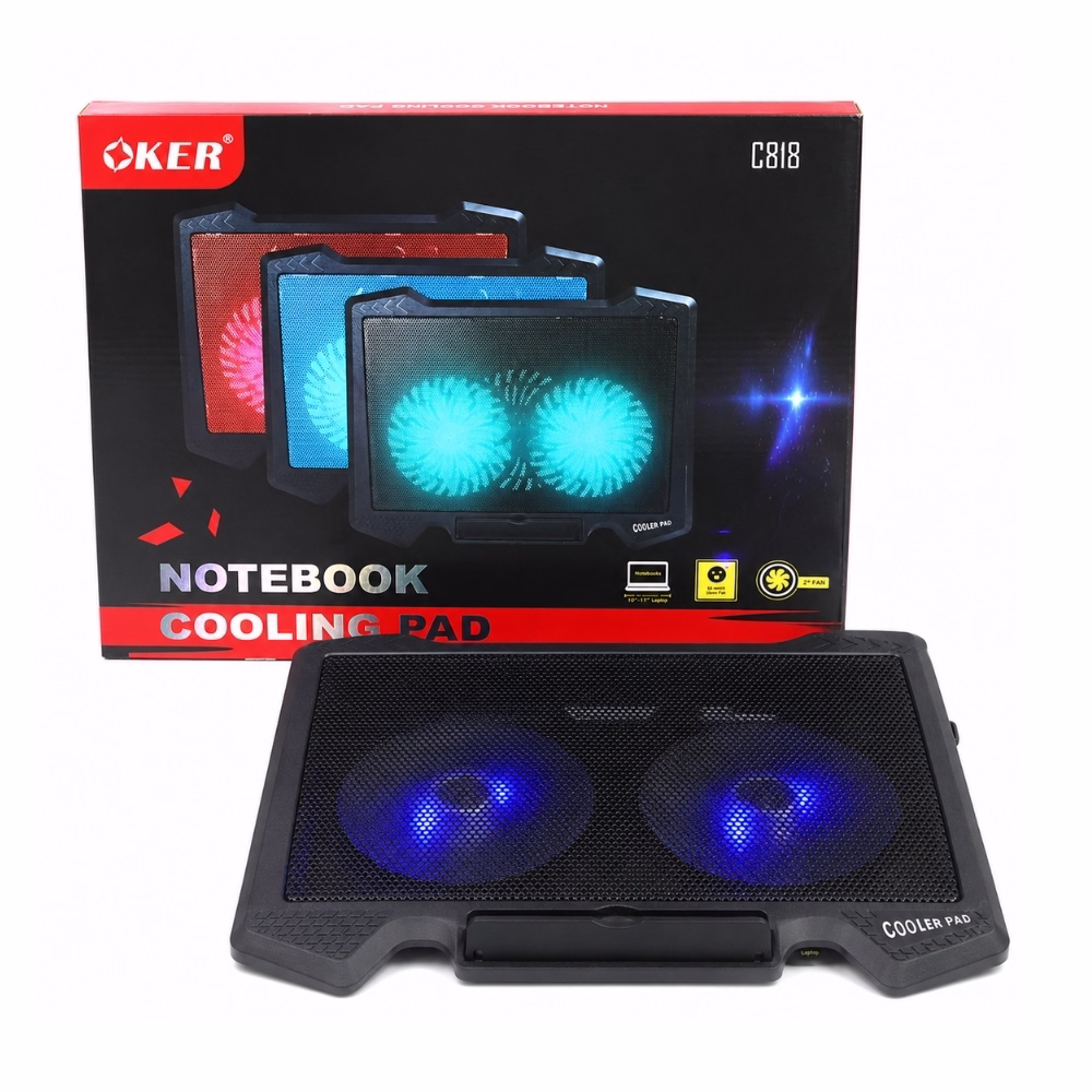 oker-c818-cooler-pad-black-1 พัดลมระบายความร้อนโน้ตบุ๊ก OKER C818 สีดำ 2 พัดลม ไฟ LED สีน้ำเงิน วางคู่กับกล่องบรรจุภัณฑ์ Notebook Cooling Pad