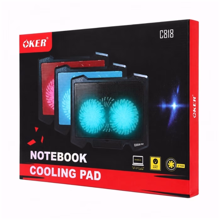 oker-c818-cooler-pad-black-3 กล่องบรรจุภัณฑ์พัดลมระบายความร้อนโน้ตบุ๊ก OKER C818 Notebook Cooling Pad โทนสีดำตัดแดง แสดงฟังก์ชันรองรับโน้ตบุ๊ก 10-17 นิ้ว และพัดลมคู่