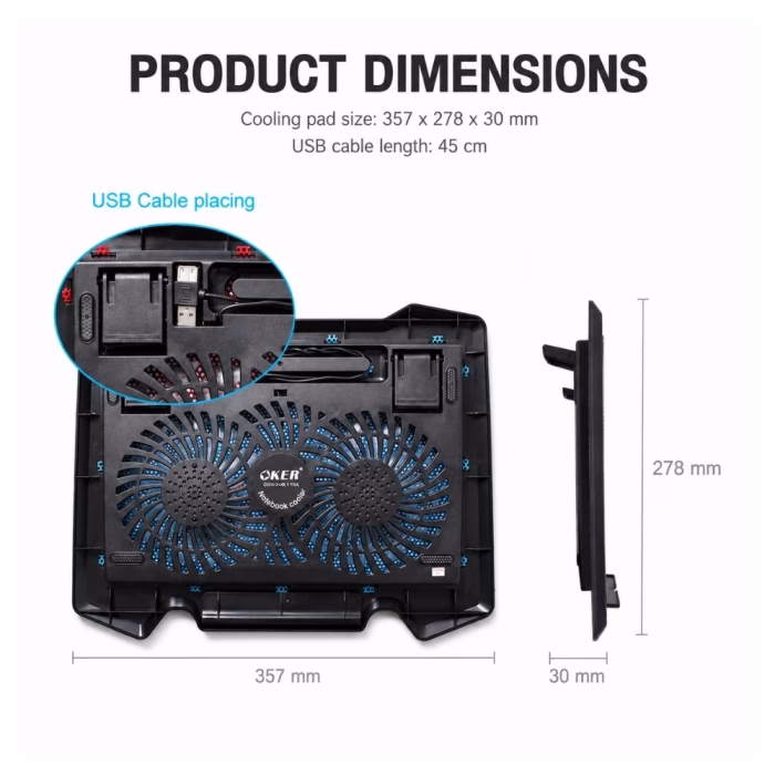 oker-c818-cooler-pad-black-4 แผนภาพขนาดพัดลมระบายความร้อน OKER C818 ขนาด 357x278x30 มม. แสดงด้านใต้ตัวเครื่อง ขาตั้งปรับระดับ และช่องเก็บสาย USB