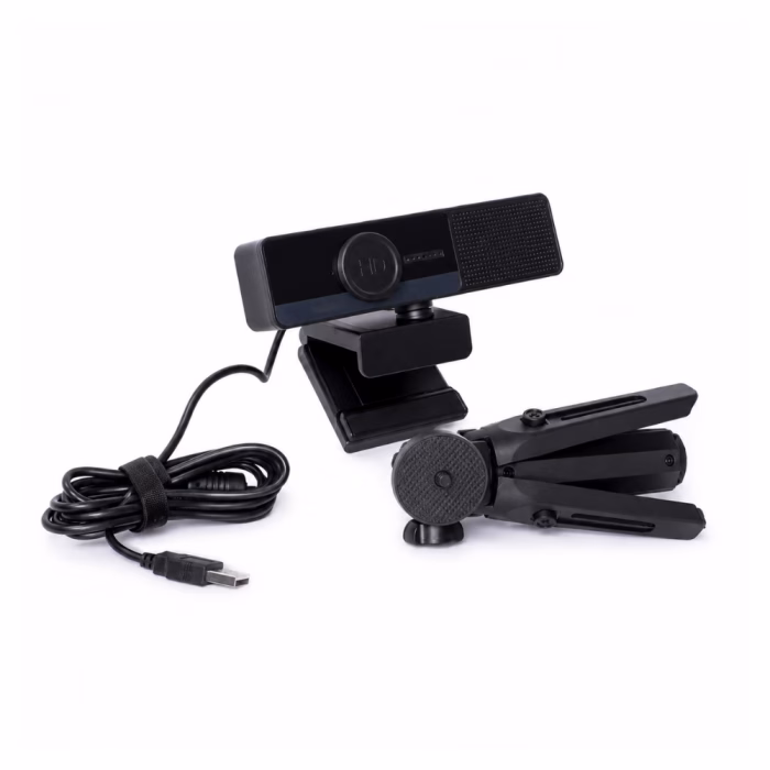oker-hd928-full-hd-webcam-with-speaker-2 กล้องเว็บแคม OKER HD928 สีดำ แสดงฝาครอบเลนส์แม่เหล็ก ฐานหนีบหน้าจอ ขาตั้งสามขาพับได้ และสาย USB