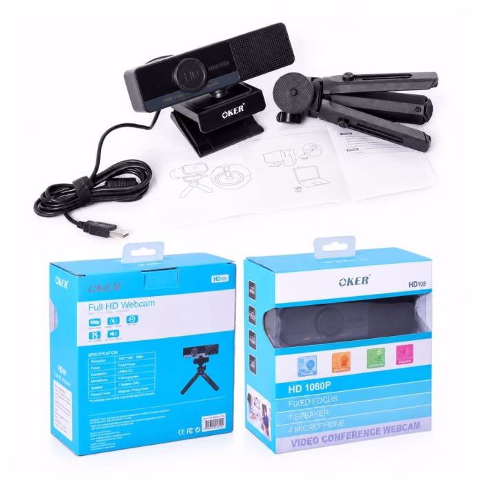 oker-hd928-full-hd-webcam-with-speaker-4 อุปกรณ์ครบชุดกล้องเว็บแคม OKER HD928 ตัวกล้อง ขาตั้ง Tripod สายเคเบิล USB แผ่นพับคู่มือ และกล่องบรรจุภัณฑ์หน้า-หลัง