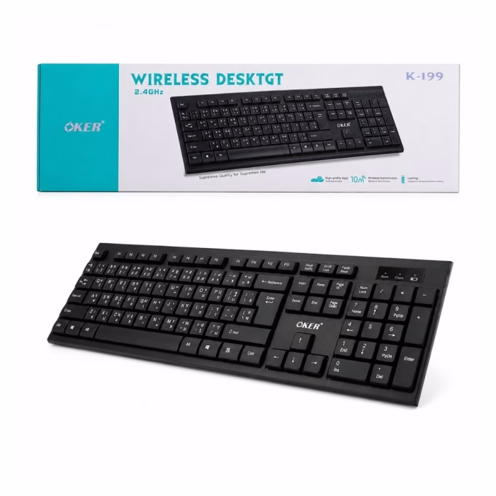 oker-k199-wireless-keyboard-black-1 คีย์บอร์ดไร้สาย OKER K-199 สีดำ สกรีนแป้นพิมพ์ภาษาไทย-อังกฤษ วางคู่กับกล่องบรรจุภัณฑ์ Wireless Keyboard 2.4GHz