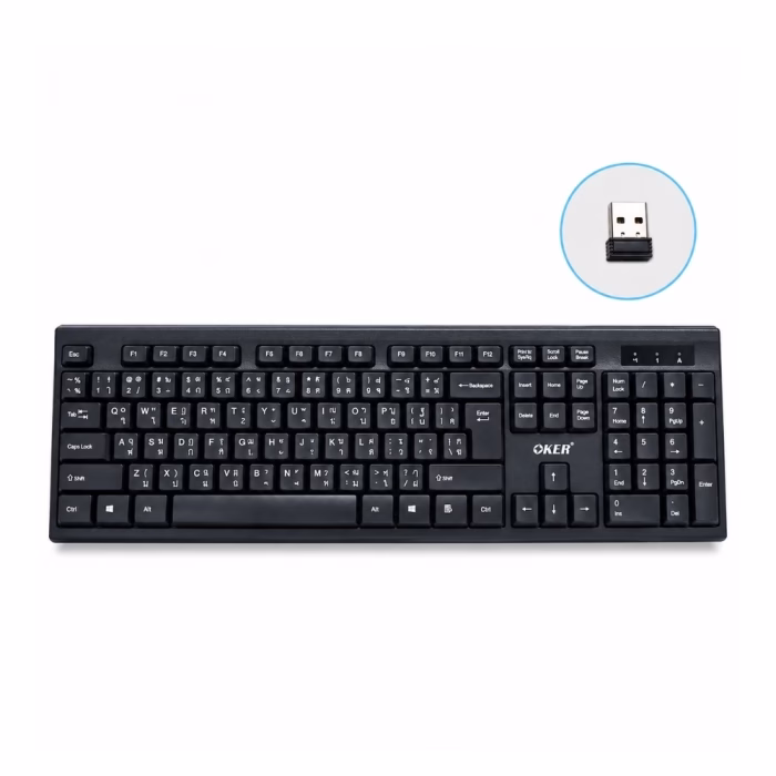 oker-k199-wireless-keyboard-black-2 คีย์บอร์ดไร้สาย OKER K-199 สีดำ มุมมองด้านบนตรง แสดงเลย์เอาต์ภาษาไทย-อังกฤษ พร้อมตัวรับสัญญาณ USB Nano Receiver