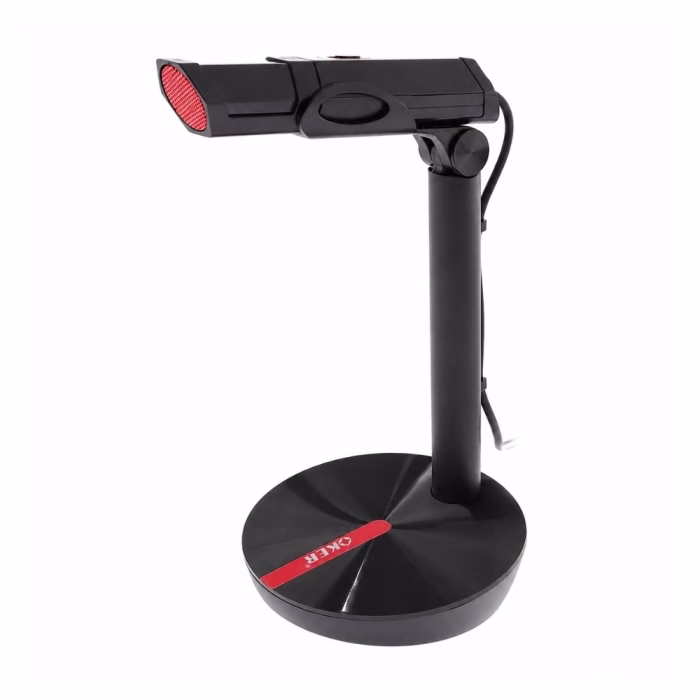 oker-k3-desktop-microphone-2 ไมโครโฟนตั้งโต๊ะ OKER K3 สีดำ มุมมองด้านข้าง แสดงก้านข้อต่อปรับองศา หัวไมค์ตาข่ายสีแดง และฐานตั้งทรงกลม