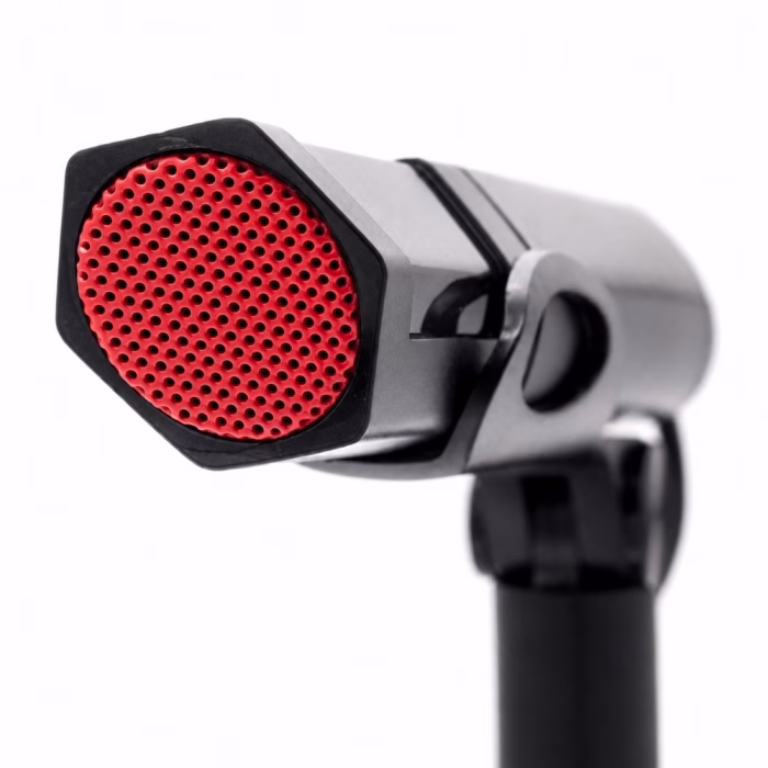 oker-k3-desktop-microphone-4 หัวไมโครโฟน OKER K3 โคลสอัพ แสดงตะแกรงโลหะรังผึ้งสีแดง ดีไซน์หกเหลี่ยม และตัวจับยึดไมค์