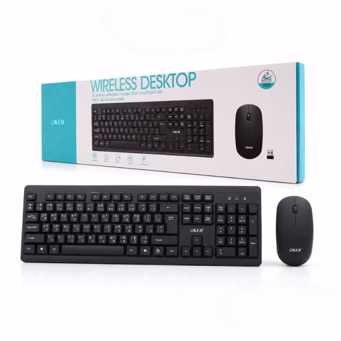 oker-k913-wireless-combo-black-1 ชุดคีย์บอร์ดและเมาส์ไร้สาย OKER K913 สีดำ สกรีนแป้นพิมพ์ภาษาไทย-อังกฤษ วางคู่กับกล่องบรรจุภัณฑ์ Wireless Desktop