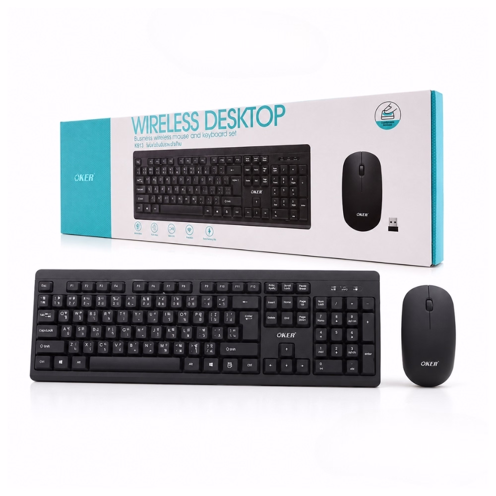 oker-k913-wireless-combo-black-1 ชุดคีย์บอร์ดและเมาส์ไร้สาย OKER K913 สีดำ สกรีนแป้นพิมพ์ภาษาไทย-อังกฤษ วางคู่กับกล่องบรรจุภัณฑ์ Wireless Desktop