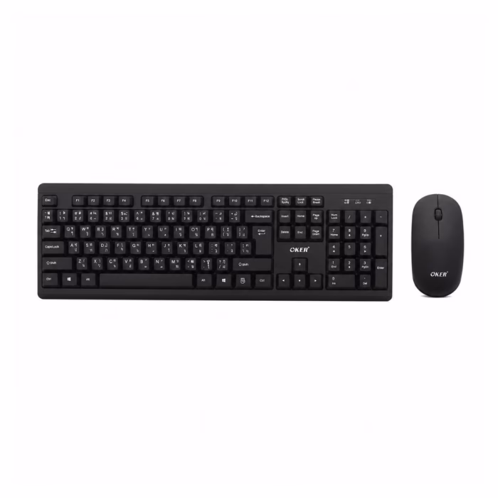 oker-k913-wireless-combo-black-3 คีย์บอร์ดและเมาส์ไร้สาย OKER K913 สีดำ มุมมองด้านบนตรง แสดงเลย์เอาต์แป้นพิมพ์ภาษาไทย-อังกฤษ และเมาส์ทรงสมมาตร