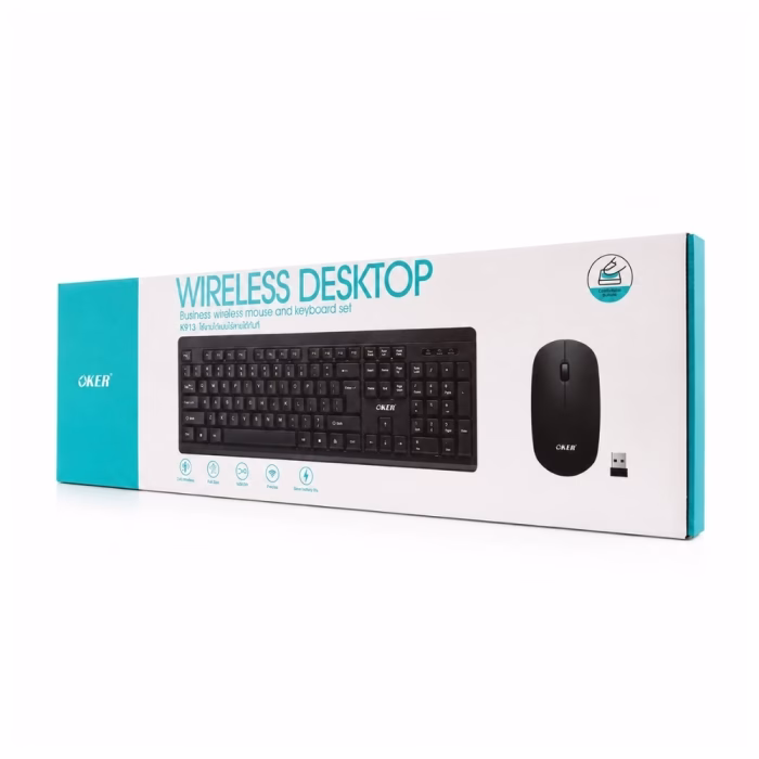 oker-k913-wireless-combo-black-4 กล่องบรรจุภัณฑ์ชุดคีย์บอร์ดและเมาส์ไร้สาย OKER K913 Wireless Desktop โทนสีขาวตัดฟ้า ระบุคุณสมบัติ 2.4G Wireless 1600 DPI