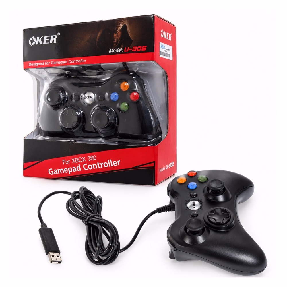 oker-u306-usb-gamepad-controller-1 จอยเกมมิ่งมีสาย USB OKER U-306 สีดำ รองรับ PC และ XBOX 360 วางคู่กับกล่องบรรจุภัณฑ์ Gamepad Controller