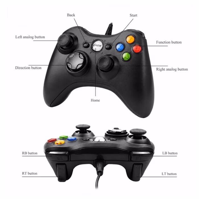 แผนผังปุ่มควบคุมจอยเกมมิ่ง OKER U-306 แสดงตำแหน่ง Left-Right Analog, D-pad, Home, Back, Start, ABXY, LB, RB, LT, RT