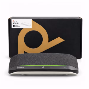 สปีกเกอร์โฟนสำหรับการประชุม HP Poly Sync 10 รหัส 772C3AA วางคู่กับกล่องบรรจุภัณฑ์ Certified for Microsoft Teams